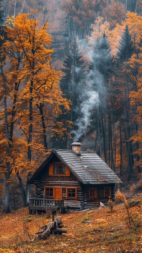 Cabin In The Forest, Little Cabin In The Woods, Cabin Aesthetic, Wooden Cabin, Stone Chimney, Nature Camping, Fire Inside, Autumn Magic, Most Beautiful Images