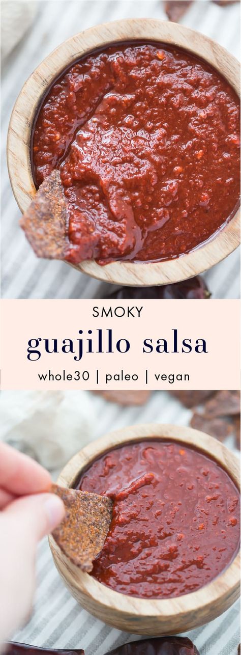 This smoky guajillo salsa recipe is deep and flavorful, full of toasted, dried guajillo chiles, garlic, and fresh tomatoes. It's the perfect smoky salsa recipe to keep in the fridge (at all times, pretty sure) so you can put it on all the things. Inspired by my favorite local taqueria salsa, you'll love this smoky salsa recipe, especially during warmer weather! Smoky Salsa Recipe, Taqueria Salsa, Guajillo Salsa, Bell Pepper Salsa, Paleo Appetizer, Southwestern Food, Restaurant Style Salsa Recipe, Whole30 Vegan, 40 Aprons