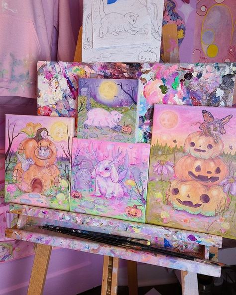 Kawaii Art Painting, Canvas Series Painting, Spooky Cute Painting, Kawaii Paintings On Canvas, Cute Paintings On Canvas Aesthetic, Spooky Canvas Painting Ideas, Spooky Paintings, Paintings Oil, Watercolor Sunset