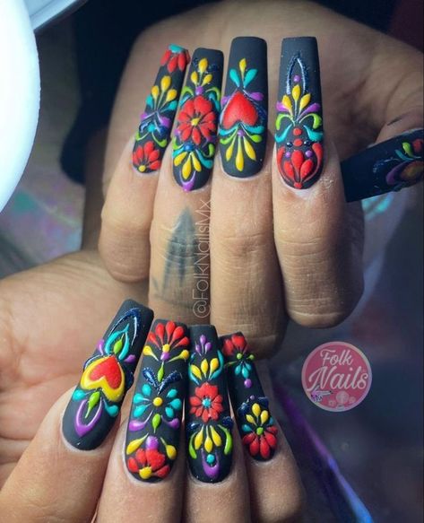 Mexico Folk Art, Mexican Nail Art Mexico, Mexican Theme Nails, Embroidery Nails, Mexico Nail Ideas, Folk Nails, Mexican Inspired Nails Mexico, Mexico Inspired Nails, Mexican Themed Nails Acrylic