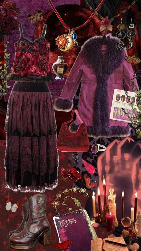 red whimsigoth fit #whimsigoth #goth #outfit #red #magic #90s Charmed Photoshoot, Red Whimsigothic, Red Whimsigoth Outfit, Comfy Whimsigoth, Whimsicraft Outfit, Whimsigoth Outfits Aesthetic, 60s Whimsigoth, Whimsigoth Moodboard, Red And Purple Outfit