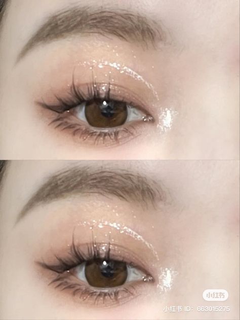 Performance Eye Makeup, Cute Eye Makeup Korean, Soft Angelic Makeup, Makeup For Doe Eye, Brown Korean Makeup, Korean Glitter Eye Makeup, Natural Douyin Makeup, Cute Soft Makeup, Doe Eyes Makeup