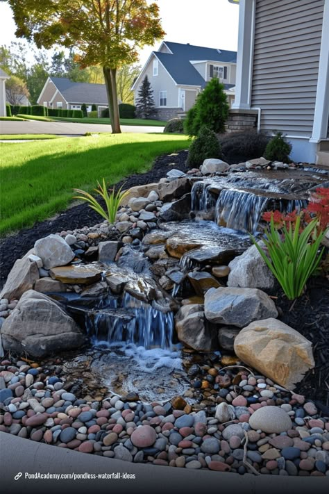 Transform your yard with a pondless waterfall feature! These stunning waterfall ideas offer a low-maintenance and eco-friendly way to enjoy the sounds of flowing water without the upkeep of a traditional pond. Front Yard Landscaping Ideas With Water Feature, Water In Garden Ideas, Water Feature Backyard Landscaping, Small Outdoor Pond With Waterfall, Front Yard Ponds Ideas, Patio Waterfall Ideas, Rock Pond Waterfall, Rock Feature Landscaping, Waterfall Outside House