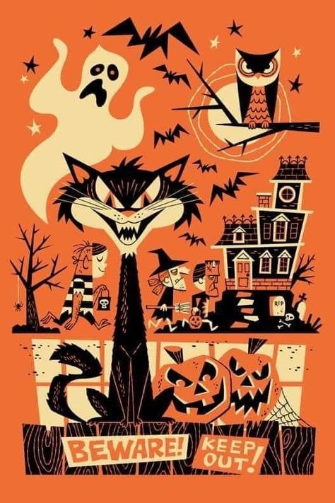 Vintage Happy Halloween Images, Mcm Halloween, Halloween Vintage Art, 60s Halloween, Retro Halloween Art, Vintage Halloween Illustration, Derek Yaniger, Halloween Memories, Vintage Halloween Art