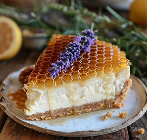 🐝 looking for a delicious and beautiful dessert to serve your guests? Take a page from @ethos_atx and try their Beekeeper’s Lemon Lavender Cheesecake 🍯 Beekeepers Lemon Lavender Cheesecake, Honey Lavender Cheesecake, Honey Recipes Dessert, Beautiful Cheesecake, Honeycomb Cheesecake, Lavender Cheesecake, Honey Cheesecake, Lavender Dessert, Cheesecake Lemon