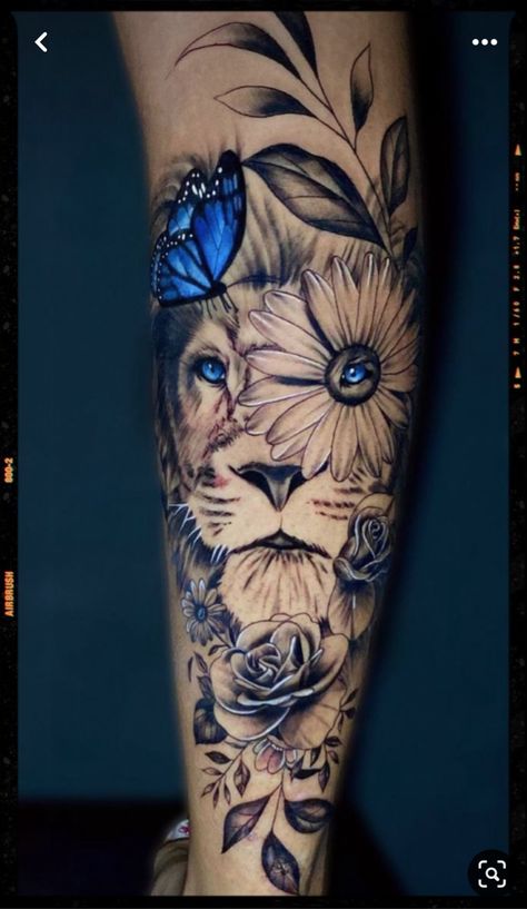 Butterfly Lion Tattoo For Women, Lion Sunflower Tattoo Design, Butterfly With Lion Face Tattoo, Lioness And Sunflower Tattoo, Women’s Upper Arm Sleeve Tattoo, Butterfly Lion Tattoo, Sunflower Lion Tattoo, Lion And Butterfly Tattoo, Butterfly Tatoos Woman