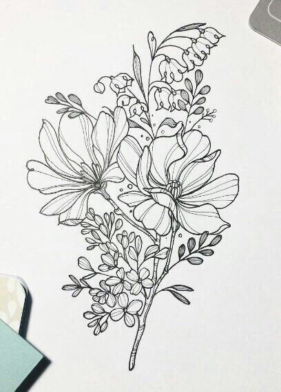 Drawing Embroidery, Flower Bouquet Drawing, Embroidery Tattoo, Bouquet Tattoo, Muster Tattoos, Pola Bordir, Illustration Blume, Illustration Botanique, Flower Sketches