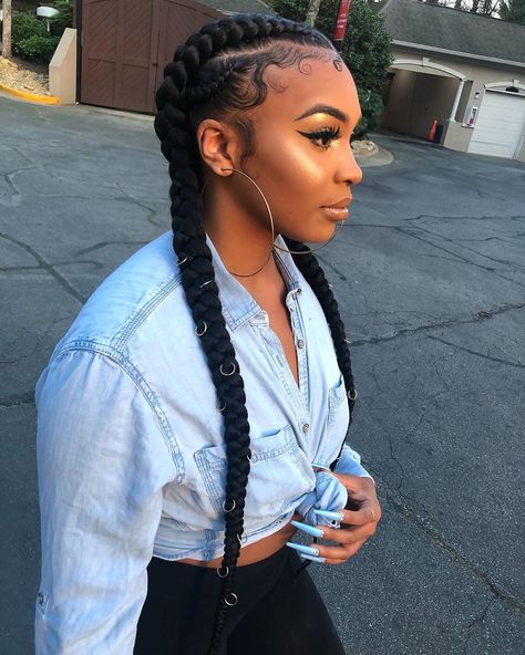 30 Best Cornrow Braids and Trendy Cornrow Hairstyles for 2020 - Hadviser Four Braids Into Two, 4 Big Braids Hairstyles For Black Women, Two Braid Hairstyles Black Women, Four Braid Hairstyles, Underhand Braids, Two French Braids With Weave, 2 Boho Feed In Braids, French Braid Black Hair, Black Woman Ponytail