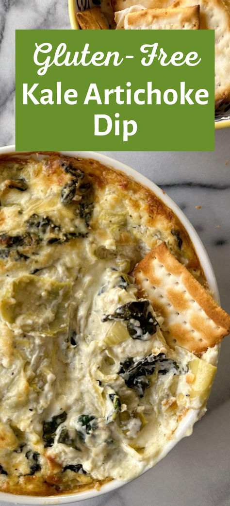 Warm, creamy and so delicious, this Kale Artichoke Dip is a crowd-pleasing mix of healthy + decadent that makes you want to keep on dipping! Made with fresh kale, tangy canned artichokes, cream cheese and Greek yogurt, it is fabulously flavorful, and the ultimate gluten-free Game Day snack or party appetizer. Easy to make, it can be prepped ahead and baked later. Kale Appetizer Recipes, Kale And Artichoke Dip, Greek Hummus Dip, Canned Artichokes, Kale Dip, Healthy Spinach Artichoke Dip, Appetizer Easy, Gluten Free Crackers, Gluten Free Appetizers