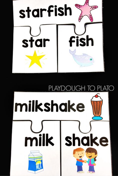 Compound Word Puzzles - Playdough To Plato Compound Words Anchor Chart, Compound Nouns, Cvc Games, Compound Words Activities, Teaching Child To Read, Syllables Activities, Playdough To Plato, Montessori Language, Phonemic Awareness Activities