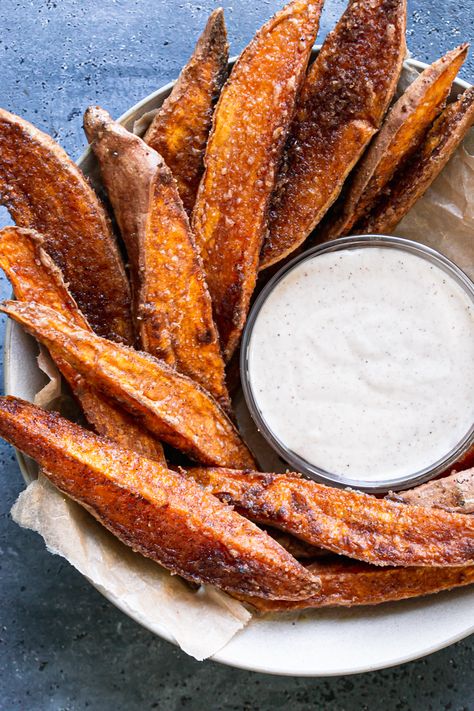 Crispy Cinnamon Sugar Sweet Potato Wedges - Healthy Little Vittles Paleo Chicken Tortilla Soup, Sour Cream Dipping Sauce, Descriptive Adjectives, Candied Sweet Potatoes, Gluten Free Sides Dishes, Sour Cream Sauce, Sweet Potato Wedges, Vegan Sour Cream, Descriptive Words