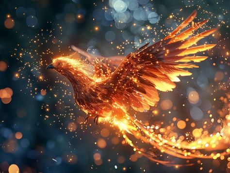 Midjourney AI Image: A phoenix, a beautiful bird with wings of fire, lights up everything around, sparks in the night air... → more in ai-img-gen.com Fire Bird Aesthetic, Gold Bokeh Background, Phoenix Painting, Whomping Willow, Gold Bokeh, Graphic Flowers, Phoenix Feather, Phoenix Art, Phoenix Bird