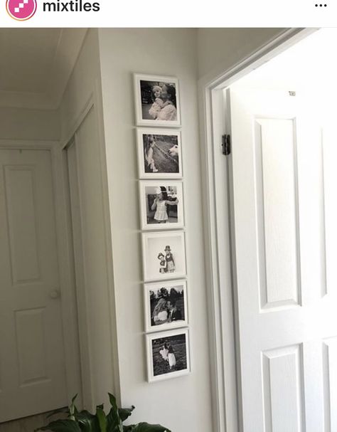 Top Of The Stairs Decor, Mixtiles Photo Wall, Mix Tile Photo Wall Ideas, Hallway Photo Wall, Small Bedroom Hacks, Family Photos Wall Decor, Family Pictures On Wall, Staircase Wall Decor, Photo Wall Display