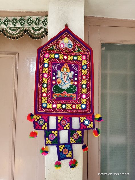 Handwork Ganesh Sthapna, Kachi Work, Moti Set, Arti Thali Decoration, Kutchi Embroidery, Kutchi Work, Ganpati Decor, Heirloom Traditions, Banners Buntings