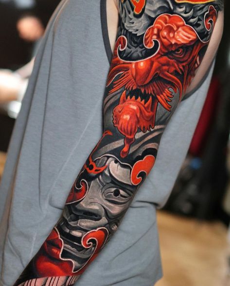 Modern Japanese Tattoo, Japanese Tattoo Sleeve, Mascara Oni, Japanese Warrior Tattoo, Private Tattoo Studio, Colored Tattoo Design, Hannya Mask Tattoo, Samurai Tattoo Design, Chicano Style Tattoo