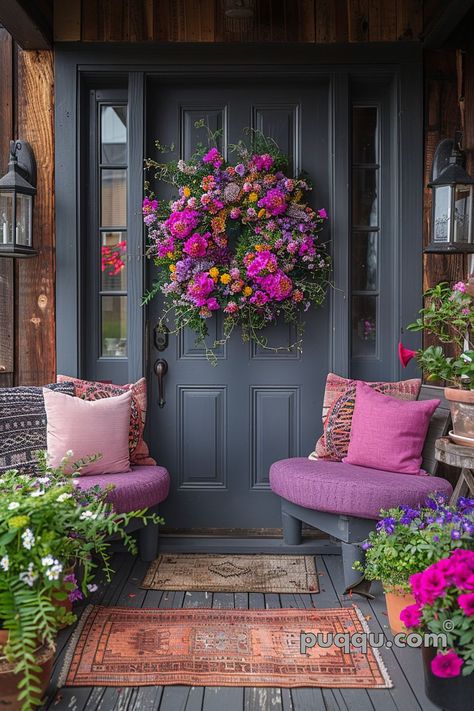 Spring Wreath for Front Door: Blooming Elegance to Welcome the Season - Puqqu Porch Inspiration, Paint Concrete, Cottage Wreath, Garden Small, Nancy Meyers, Summer Door Wreaths, Arrangement Ideas, Floral Centerpiece, Front Porch Decorating