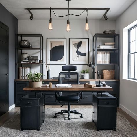 Modern Men’s Apartment 🖤🖤💖 Office For Man Ideas, Masculine Office White Walls, Modern Men Office, Masculine Home Office Ideas Small Space, Men Office Space, Black Office Inspiration, Office Ideas For Small Space Business, Black Office Furniture Decor, Men’s Home Office Design