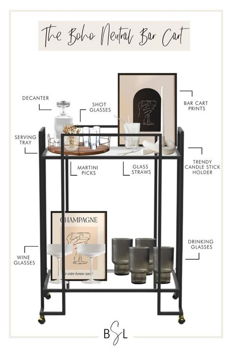 Black Bar Ideas For Home, Wine Cart Ideas, Masculine Bar Cart, Boho Bar Cart, College Bar Cart, Bar Cart Aesthetic, Small Bar Cart, Coffee Cart Ideas, Bar Cart Styling Ideas