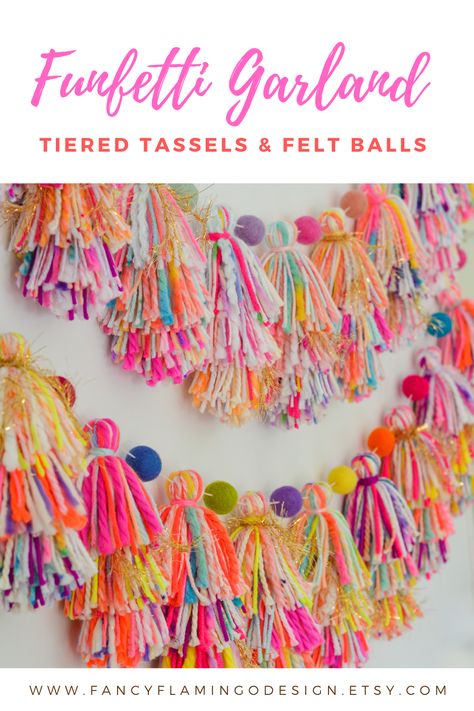 Christmas Decor Ideas For The Office, Pompom Party Decoration, Diy Room Garland, Yarn Diy Decor, Decorating With Pom Pom Garland, Pom Pom Garland Decor, Colorful Theme Party, Pom Pom Yarn Garland, Diy Yarn Tassel