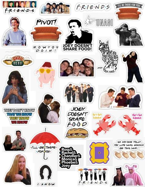 The tv show friends sticker pack stickers Monica Chandler Phoebe Ross Rachel Joey friends references Janice they don't know that we know smelly cat unagi couch central perk his lobster how you doing friends letter style joey doesn't share food friends theme song Friends Letter, Friends Theme Song, Monica Chandler, Friends Stickers, Joey Friends, Smelly Cat, Iphone Stickers, Image Swag, Iphone Case Stickers