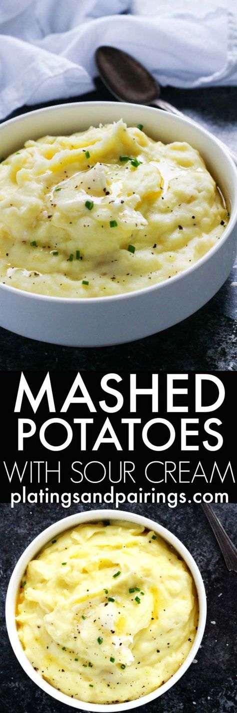 These Easy Mashed Potatoes with Sour Cream are the most delicious mashed potatoes you will ever have. They're light, creamy, butter, tangy & easy to make with the help of your stand mixer - No hand mashing required! | platingsandpairings.com Mashed Potatoes With Sour Cream, Delicious Mashed Potatoes, Potatoes With Sour Cream, Russet Potato Recipes, Mashed Potatoes Recipe Easy, The Best Mashed Potatoes, Buttery Mashed Potatoes, Easy Mashed Potatoes, Best Mashed Potatoes