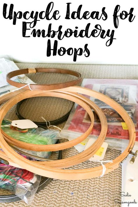 Believe it or not, but there are a TON of projects you can make with embroidery hoops that have nothing to do with...well...embroidery! They are one of the most versatile craft supplies out there, and you need to see all these fantastic upcycling ideas with them! Organisation, Upcycling, Embroidery Hoop Mobile Diy, Christmas Crafts Using Embroidery Hoop, Wooden Hoop Decor, Large Oval Embroidery Hoop Ideas, Decorating With Embroidery Hoop, Quilt Hoop Wall Decor, Upcycled Diy Projects