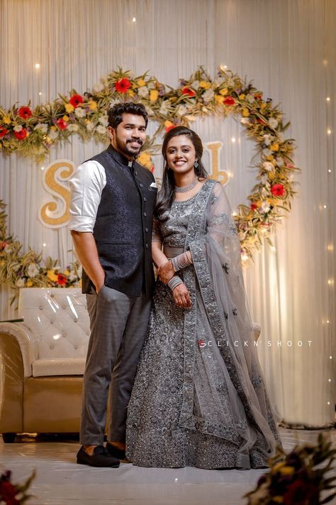 #kerala #engagementdress #cutecouples #southindian #greylehenga Reception Lehenga For Bride, Grey Dress Outfit, Wedding Matching Outfits, Grey Lehenga, Engagement Lehenga, Engagement Look, Groom Wedding Dress, Reception Lehenga, Couples Engagement Photos