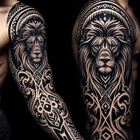 88 AI-created lion tattoo ideas that are indistinguishable from the real thing + meanings Japan Lion Tattoo, Lion Viking Tattoo, God Lion Tattoo, Lion Tattoo Sleeve Men, Celtic Lion Tattoo, Forearm Lion Tattoo, Lion Hand Tattoo Men, Mandala Lion Tattoo, Traditional Lion Tattoo