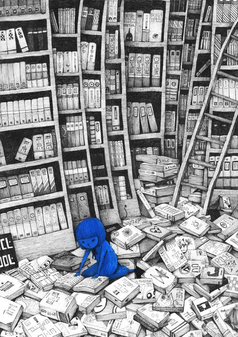 Bluegirl in the library by Sungwon , via Behance Humour Geek, Ghost In The Machine, Arte Alien, Girls Series, Art Et Illustration, Black And White Illustration, Illustration Girl, Ex Libris, Childrens Illustrations