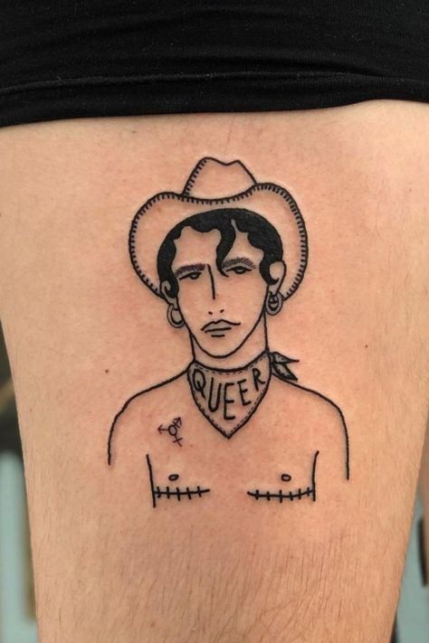 tattoo of a cowboy with earrings, a scarf that reads the word 'queer', a trans inclusive tattoo, and scars of top surgery Trans Tattoo, Tattoo Fixers, Cowboy Tattoo, Simple Tats, Rocket Tattoo, Pride Tattoo, Cowboy Tattoos, Tattoo Heart, Flash Tattoo Designs