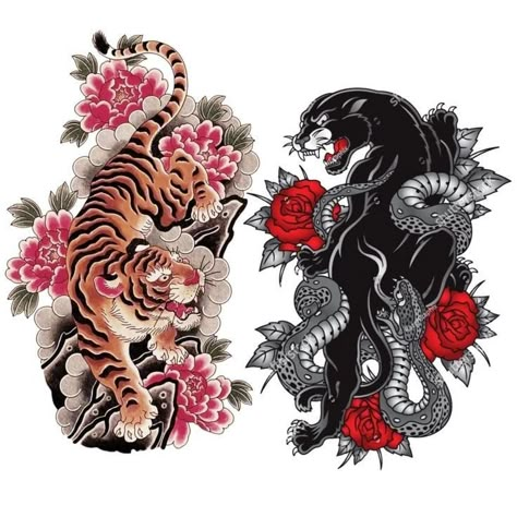 Traditional Japanese Panther Tattoo, Traditional Tiger Back Tattoo, Japanese Tattoos Traditional, Tiger Shin Tattoo, Panther Leg Tattoo, Tiger And Panther Tattoo, Japanese Panther Tattoo, Japanese Tiger Tattoo Traditional, Japanese Cover Up Tattoo