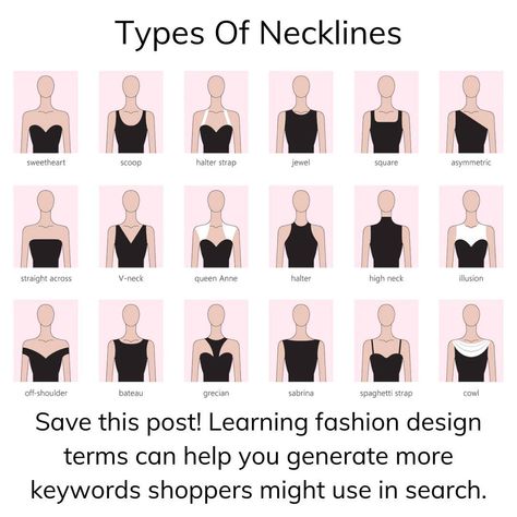 Vendoo: A Seller's Best Friend on Instagram: “Looking for some perfect keywords for your listing? Fashion savvy buyers will look for specifics so charts like this can help give you an…” Fashion Styles Types Charts, Clothing Descriptions, Fashion Keywords, Types Of Necklines, Style Chart, Fashion Dictionary, Stunning Prom Dresses, Razzle Dazzle, Fashion Project