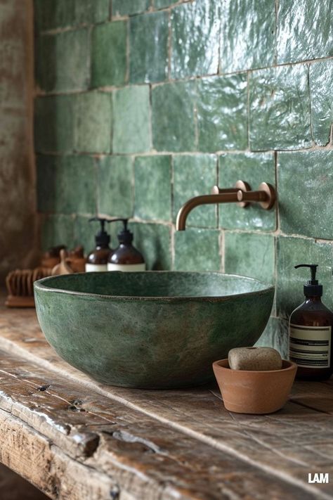 Green Nature Bathroom, Green And Natural Wood Bathroom, Bathroom Stone Sink, Colorful Tiles Bathroom, Nature Themed Bathroom, Medieval Bathroom, Nature Inspired Bathroom, Bathroom Inspiration Decor, Sink Bathroom