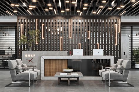 Gulf Office Kuwait on Behance Modern Office Design Inspiration, Office Lobby Design, Industrial Office Space, Office Reception Design, Industrial Office Design, Reception Desk Design, Office Design Inspiration, Modern Office Space, Office Interior Design Modern