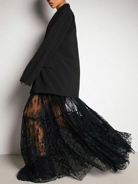 UOOZÉE Sheer Black Outfit, Long Lace Dress Outfit, Grunge New Years Outfit, Sheer Black Skirt Outfit, Lace Leather Outfit, Unique Maxi Skirt, Lace Fashion Aesthetic, Lace Long Skirt, Lace Aesthetic Outfit