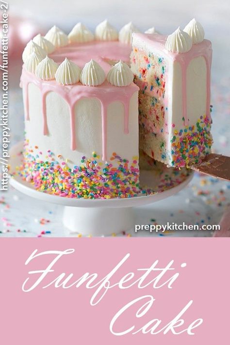 A moist vanilla cake filled with sprinkles, coated in silky Italian buttercream and topped with a white chocolate ganache. Say hello to your new favorite cake! Click over for full recipe and video. Best Funfetti Cake, Gökkuşaği Pasta, Italian Buttercream, Resipi Kek, Moist Vanilla Cake, Preppy Kitchen, White Chocolate Ganache, Vanilla Cake Recipe, Funfetti Cake