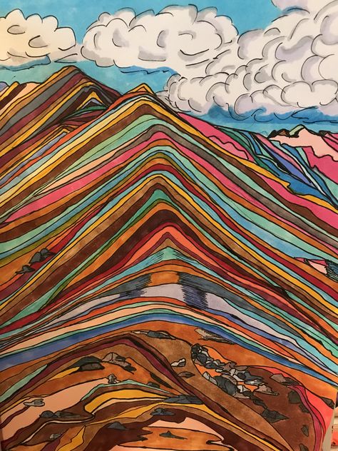 Rainbow mountains drawing  Alcohol marker and pen Art journal Rainbow Mountains Peru Painting, Alcohol Pens Art, Mushroom Drawing Marker, Mountain Marker Drawing, Colorful Marker Drawing, Abstract Marker Drawing, Rainbow Mountain Painting, Landscape Alcohol Markers, Marker Pen Art Drawing