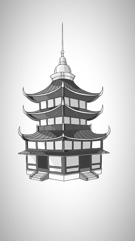 Japanese Building Drawing, Japanese Building Tattoo, Japanese Temple Drawing, Japanese Temple Tattoo, Simple House Drawing, Chinese Pagoda, Japanese Buildings, Chinese Picture, Japan Temple