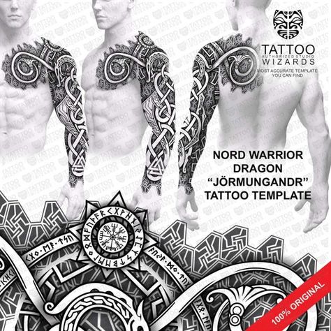 Viking Nord MJÖLNIR Warrior Tattoo Stencil Template Design - Tattoo Wizards Warrior Tattoo Stencil, Jormungandr Tattoo, Norse Tattoos, Warrior Dragon, Traditional Hand Tattoo, Viking Warrior Tattoos, Mangas Tattoo, Photo Blend, Viking Tattoo Sleeve