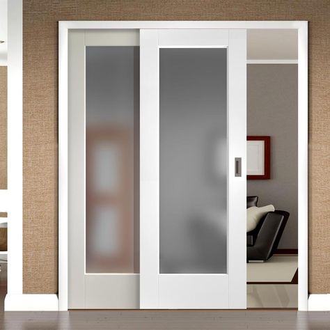 Easi-Slide OP3 White Full Pane Sliding Door System in Three Size Widths with Obscure Glass. #obscureglazedwhiteslidingdoors #internalwhiteroomdividers #easislidedoors Home Office Sliding Doors, Sliding Door Glass Design, Sliding Door In Kitchen, Slide Door Design, Slide Doors Ideas, Glass Sliding Door Design, Door Design Iron, Glass Sliding Doors Interior, White Sliding Door