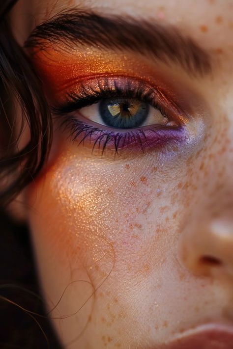 Flower Beauty Desert Lights Palette, Pretty Halloween Face Makeup, Fun Colorful Eye Makeup, Orange Eye Shadow Looks, Orange Mermaid Makeup, Bonnaroo Makeup, Orange And Purple Eyeshadow, Sunrise Makeup Looks, Fun Summer Makeup