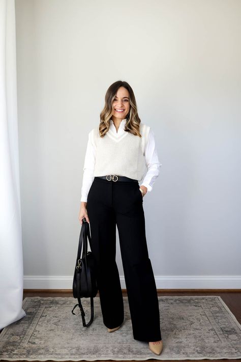 Wide Leg Work Outfits Women, Sweater And Dress Pants Work Outfits, Business Casual Style Winter, Women’s Black Pants Outfit, Size 8 Business Casual Outfits, 2023 Women’s Work Fashion, Black Pants Work Outfit Winter, Women’s Fall Work Outfits, Work Outfits Women Comfy