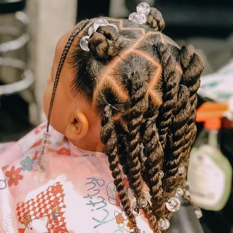 Here is another option for a cute #protectivestyle . This hairstyle has #chunky #ponytails with #twist, and two #buns at the top with… Black Baby Girl Hairstyles, Baby Girl Hairstyles Curly, Toddler Braided Hairstyles, Cute Toddler Hairstyles, Lil Girl Hairstyles, Kids Curly Hairstyles, Kid Braid Styles, Toddler Hairstyles Girl, Natural Hairstyles For Kids