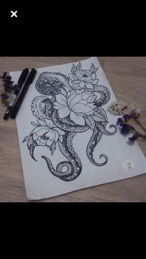 An octopus makes a great tattoo...add flowers to it and now its very feminine. #octopus #octopustattoo #tattooideas #nautical #nauticaltattoo #tattoo Dotted Tattoo, Octopus Thigh Tattoos, Octopus Tattoo Sleeve, Simple Tattoos For Women, Octopus Tattoo Design, Octopus Tattoos, Ocean Tattoos, Theme Tattoo, Nautical Tattoo