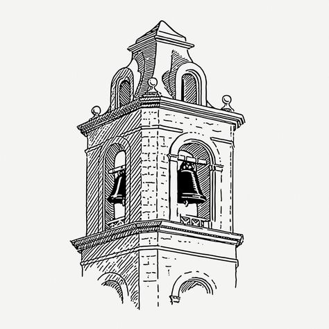 Bell Tower Tattoo, Bell Tower Aesthetic, Bell Tower Drawing, Old Architecture Drawing, Tower Tattoo Design, Towers Drawing, Bell Drawing, Windmill Tattoo, Bell Illustration