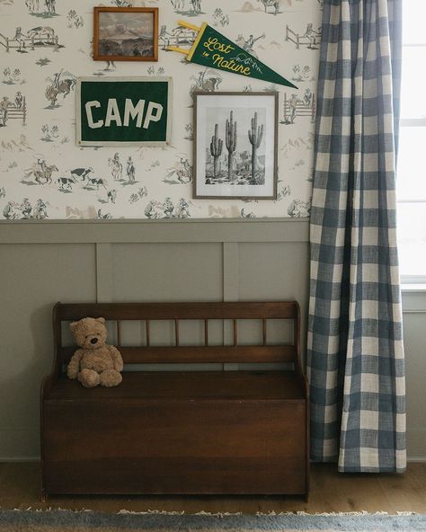 Adding a mix of new and old is one of my favorite things to do.. it adds a type of warmth and nostalgia to every room. #bedroom #boysroom #new #newbuild #newconstruction #wallpaper #wainescoting #benjaminmoore #country #cowboy #western #antique #vintage #wayfair #bhg #hgtv #target #targetstyle #etsy Wild West Wallpaper, Vintage Cowboy Nursery, Illustrated Pattern, Cowboy Nursery, Western Nursery, Vintage Kids Room, Big Boy Bedrooms, Sweet Nursery, Baby Room Neutral