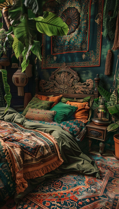 Dark Warm Bohemian Bedroom Bohemian Grunge Bedroom, Cozy Hippie Bedroom, Purple Whimsigoth Bedroom, Dark Orange Bedroom, Desert Aesthetic Bedroom, Purple And Brown Bedroom, Dark Vintage Bedroom, Dark Maximalist Bedroom, Arabian Nights Bedroom