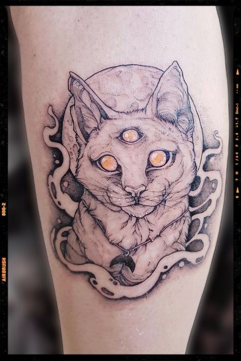 Tattoo inspiration - kitty tattoo inspiration Mystical Cat Tattoo, Mystic Cat Tattoo, Hissing Cat Tattoo, Devil Cat Tattoo, Cat Tattoo Arm, Three Eyed Cat Tattoo, Demon Cat Tattoo, Witchy Cat Tattoo, Druid Tattoo