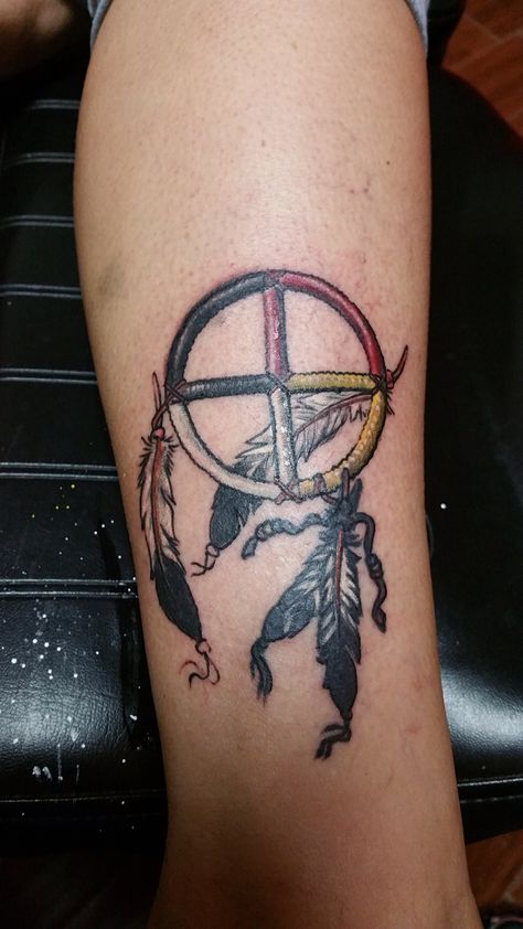 Medicine wheel tattoo 12/29/2015 - 125 years later! Medicine Wheel Tattoo Ideas, Native American Medicine Wheel Tattoo, Small Native American Tattoos, Medicine Wheel Tattoo, Ojibwe Tattoo, Medicine Wheel Art, Native American Medicine Wheel, Native American Tattoo Designs, Indian Feather Tattoos