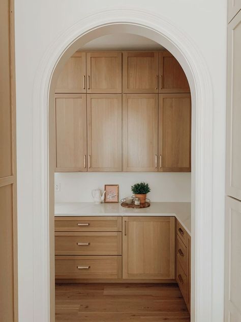 Pantry View From Kitchen, Arched Pantry Doorway, Doorway Transition Ideas, Arched Doorway Pantry, Kitchen Arch Door, Archway Pantry, Rounded Pantry Door, Arched Kitchen Opening, Arch Doorway Kitchen